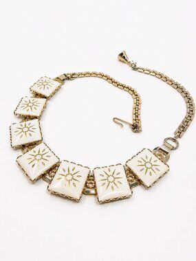 Vintage MCM Atomic Starburst Porcelain Panel Gold Tone Statement Necklace